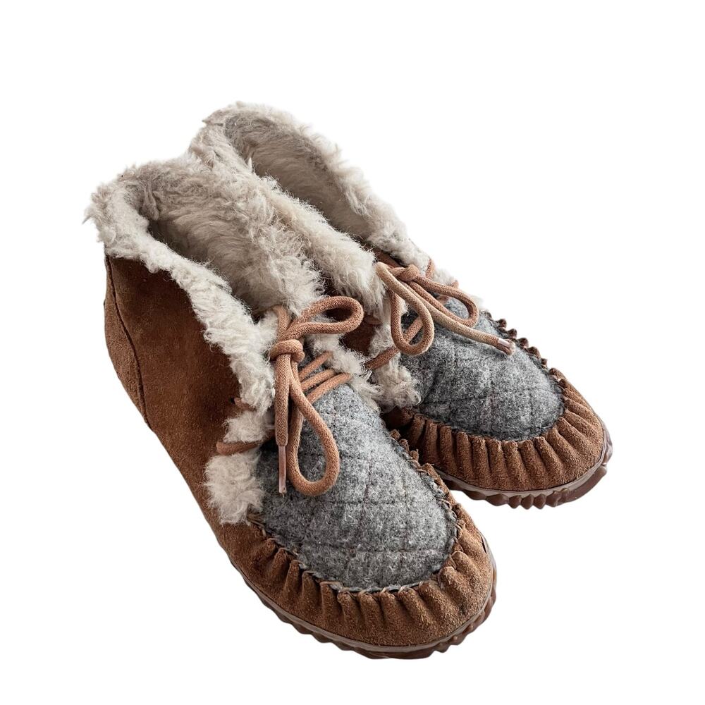 Sorel Out N About Brown Gray Suede Faux Fur Lined Moccasin Lace Up Boots Size 7
